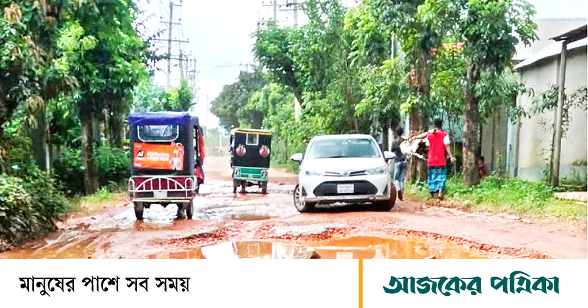 গাজীপুরের শ্রীপুর: গর্ত-পানিতে ভরা পাকা সড়ক, দুর্ভোগে যাত্রীরা
